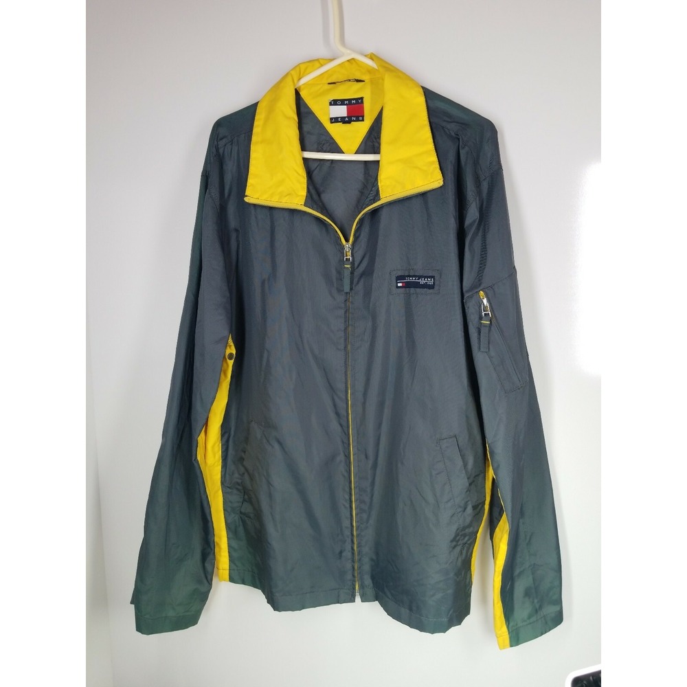 Tommy Jeans Jacket Men's Size Large Hilfiger Windbreaker Nylon Green & Yellow